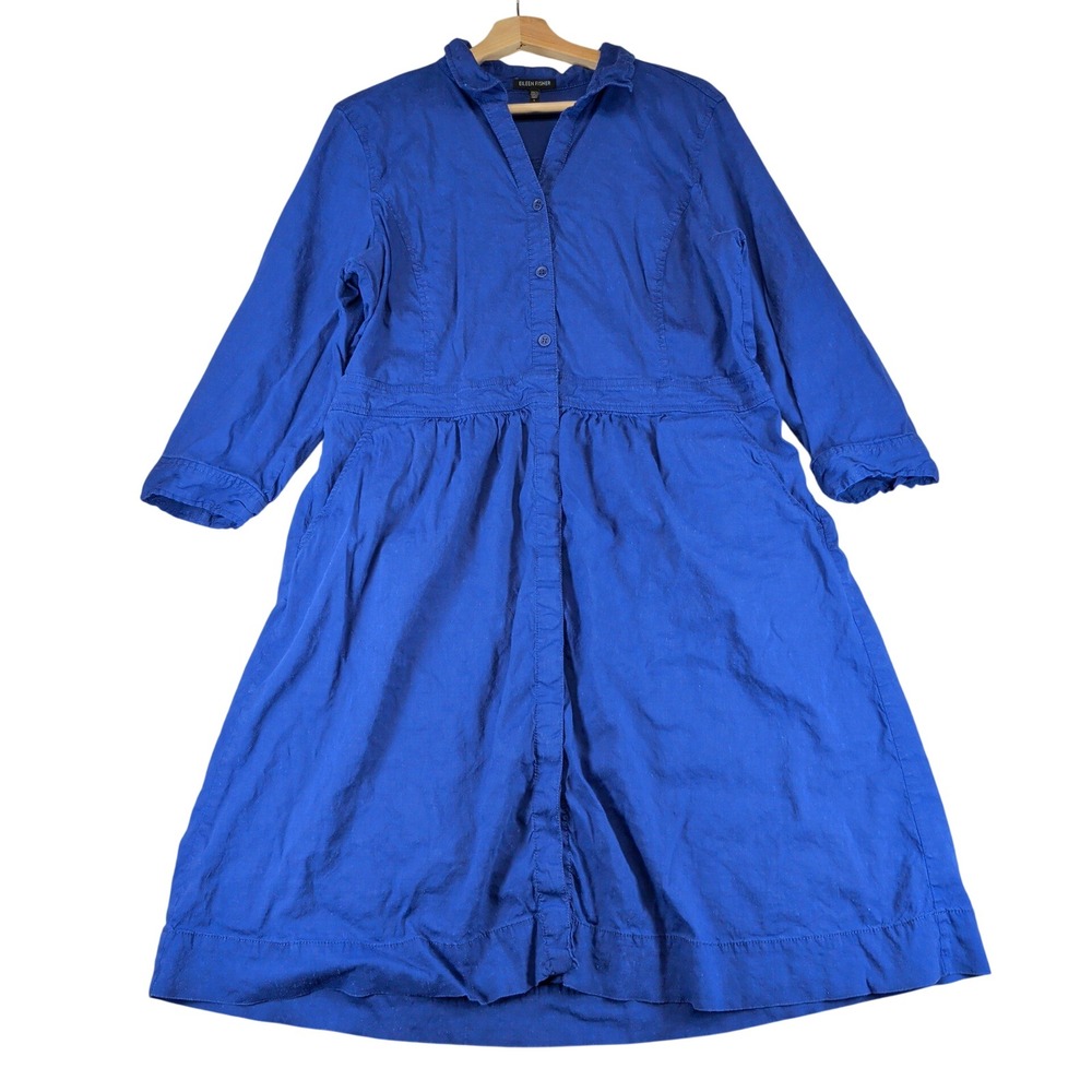 Eileen Fisher Royal Blue Linen Blend Button Front Shirt Dress Large R2VX-4